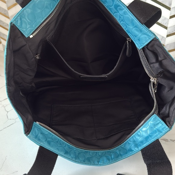 COACH Court Tote Bag Signature C Nylon Pebbled Leather With Patch Blue Black - Picture 11 of 16